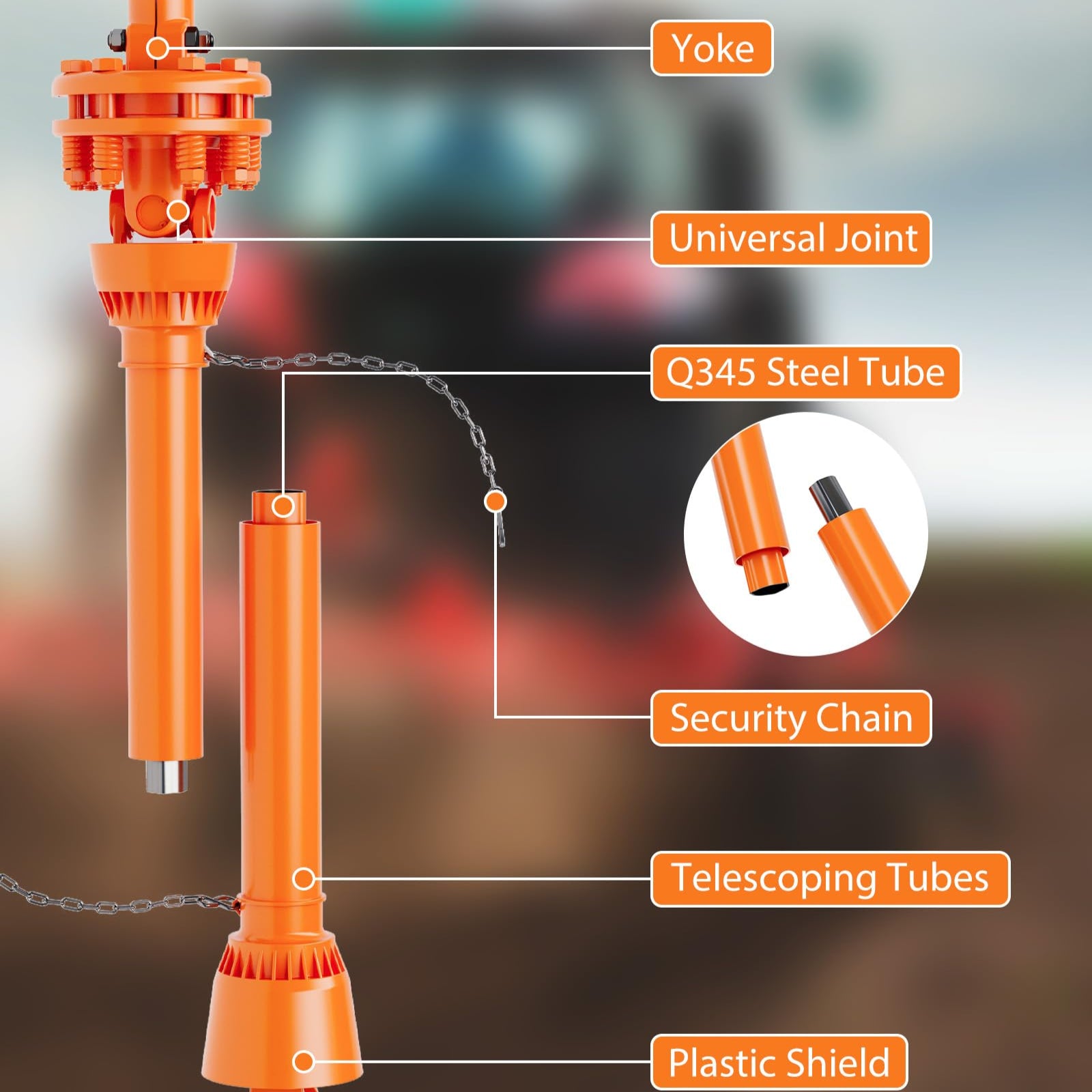 Garvee Eje de Transmisión PTO de 1-3/8" con 6 Estrías y Embrague de Fricción de 110-145 cm de Acero de Grado 45 para Cortacésped Serie 4 Naranja