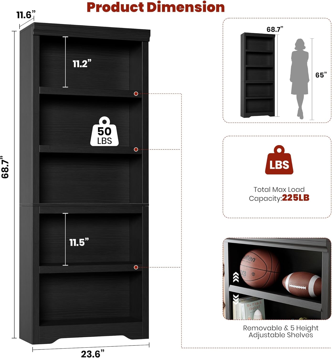 Garvee Estantería de 5 niveles ajustable 175cm de alto, MDF resistente, diseño antideslizante, negro, para sala y oficina