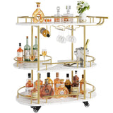 Garvee Carro de Bar Dorado con 4 Estantes, Marco Metálico, Ruedas con Frenos, para Cocina y Salón, 94 × 87 × 40 cm, MDF con Mármol - Dorado