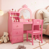 Garvee Escritorio Tocador Infantil Princesa con Espejo LED, 2 en 1 Convertible, Madera MDF, Almacenaje y Silla, Ideal para Juegos y Estudio - Rosa