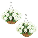 Garvee Set de 2 Cestas Colgantes de Geranios Artificiales con 12 Flores Realistas Resistentes a la Intemperie 30 cm Blanco y Marrón - Blanco