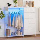 Garvee Armoire Dressing Chambre Adulte - 6 Tiroirs, Éclairage LED, Station de Charge, Cadre Fer Robuste, Surface Bois, 49.2x15.8x47.2 Pouces, Blanc, Chambre - Blanco