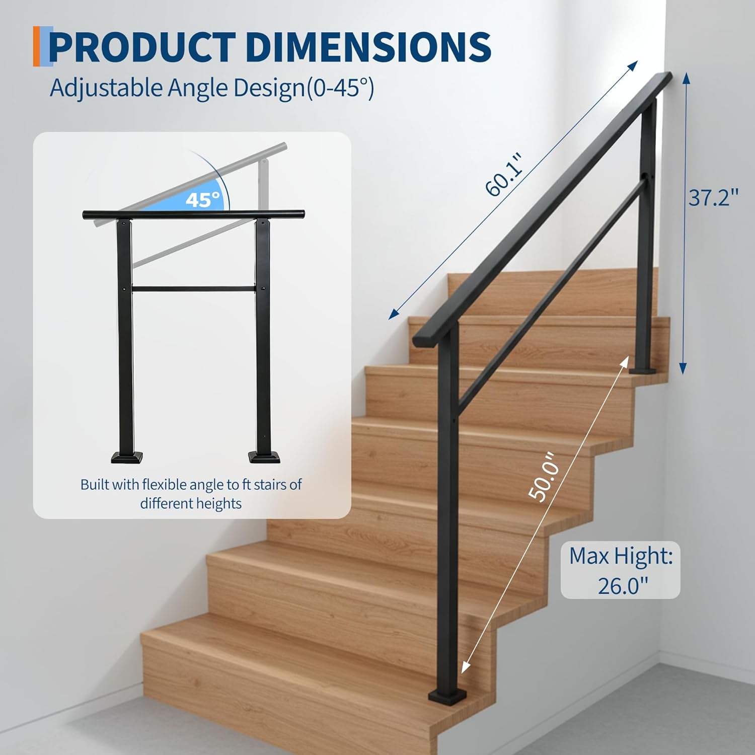 Garvee Barandilla para Escalera de 5 Peldaños Estilo Curvado de Acero Reforzado para Embellecimiento de Jardines y Porches Negro