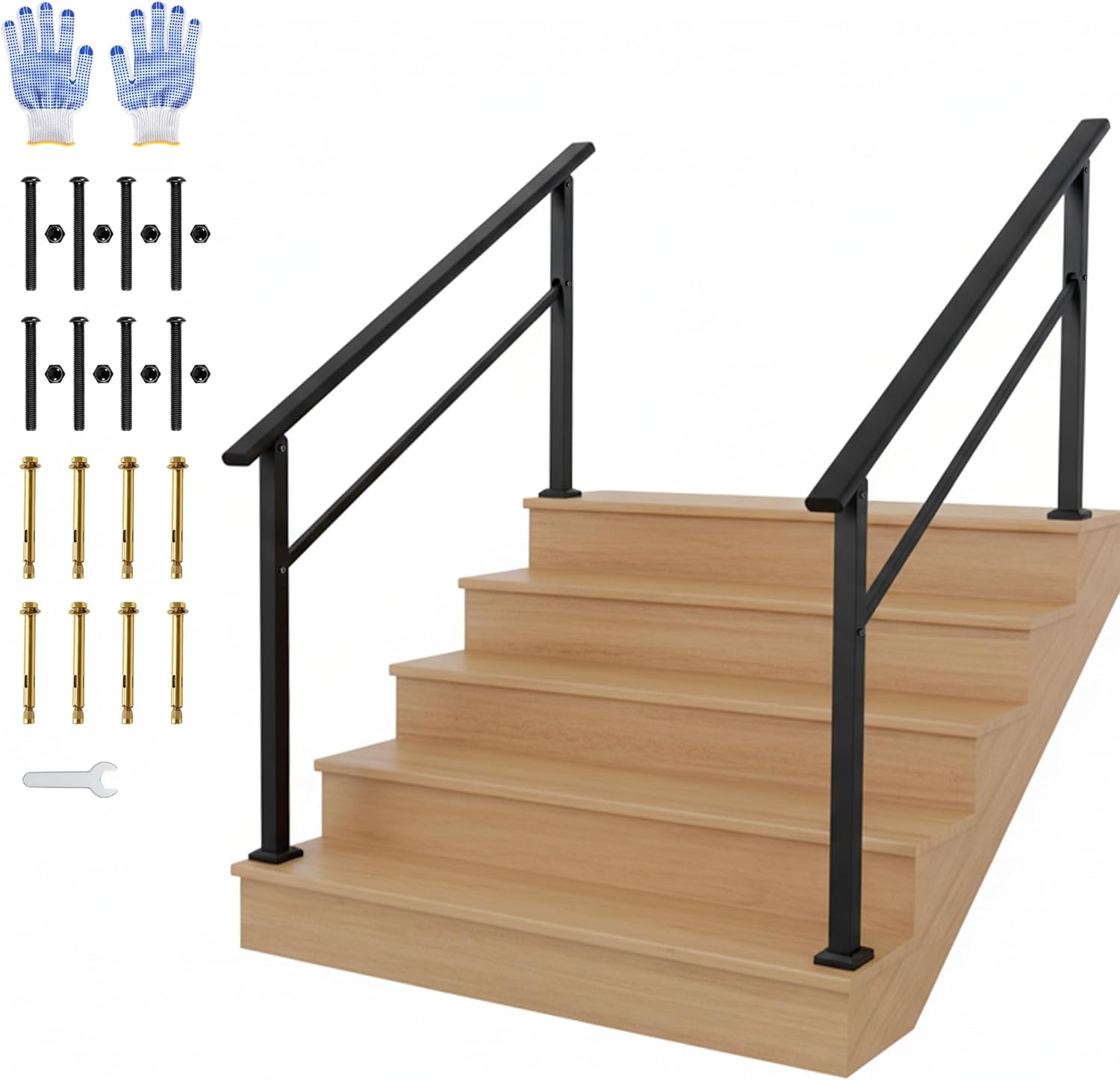 Garvee Pasamanos Largo de 5 Peldaños Pack de 2 Unidades Ajustable de Metal con Revestimiento de Polvo para Zonas Exteriores Negro