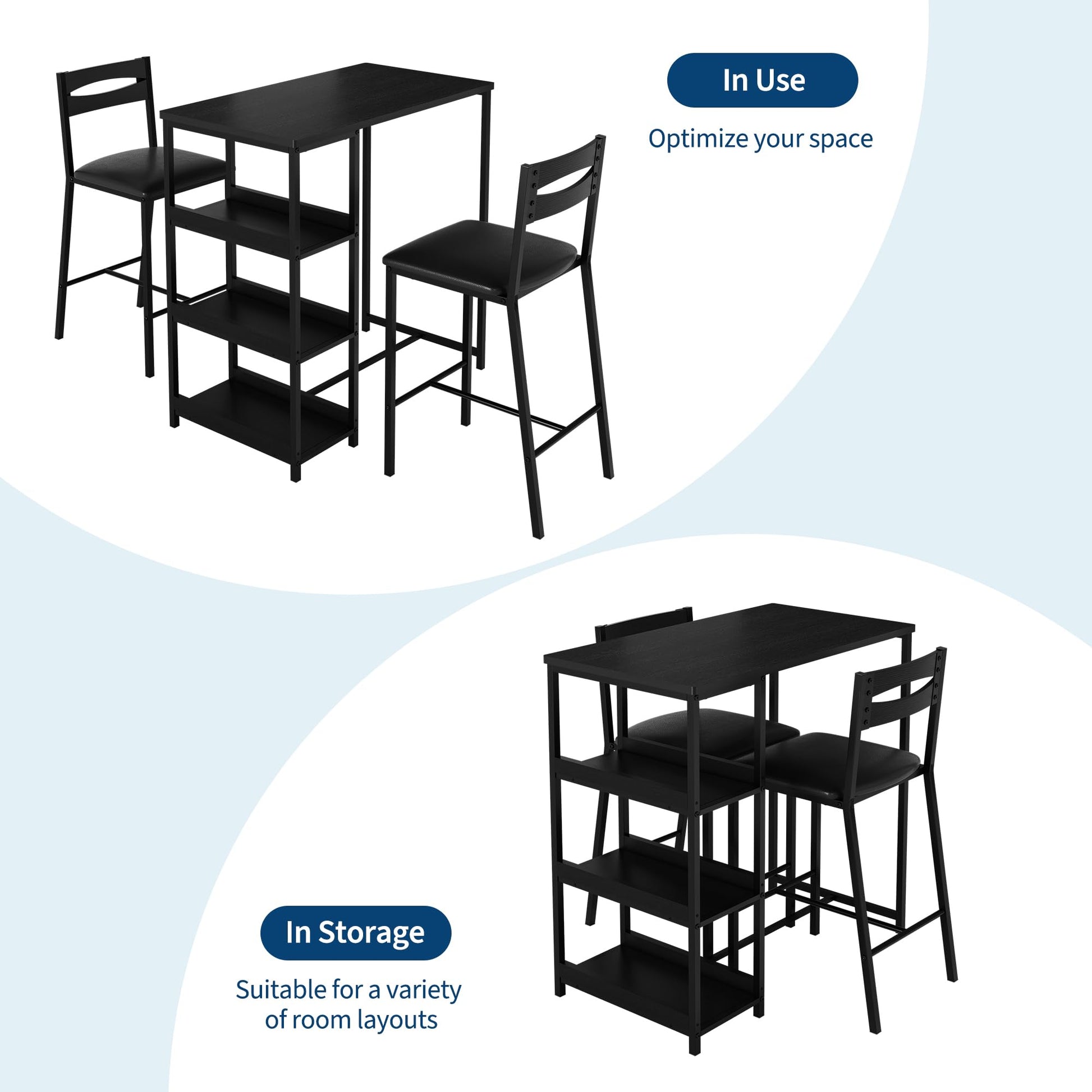 Garvee Juego De Comedor 3 Piezas Con Estantes De Almacenamiento, Sillas Acolchadas, Estructura De Hierro Y Madera, Compacto Para Apartamentos, Negro