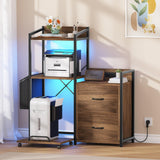 Garvee Armario de Archivos y Mesa para Impresora con Estación de Carga, Mueble Organizador de Oficina con Cajones, Estantes Abiertos y Luces de Colores, 125 cm, Marrón Rústico - Marrón