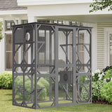 Garvee Catio De Madera Para Gatos 70'' Grande Con Techo Impermeable, Puerta De Entrada, Rascador Y Hamaca, Refugio Seguro Para Exteriores - Dark Grey