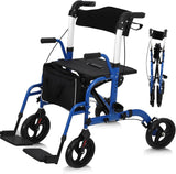 Garvee Rollator 2 en 1 para Adultos Mayores Aluminio Plegable Ruedas 25 cm Antipinchazos Reposabrazos y Reposapiés Desmontables Hogares y Exteriores Azul & Negro - Auzl & Negro