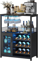 Garvee Mueble Bar de Vino Industrial con Luz LED, Estantes Ajustables y Puertas Transparentes, Estructura de Metal y Madera para Cocina y Salón, 70 x 35 x 92 cm, Negro con Vetas de Madera - Negro con Textura de Madera