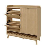 Garvee Zapatero Estrecho de Madera con Paneles Acanalados, 2 Cajones Abatibles y Puerta Corredera, Organizador de Zapatos Compacto para Entrada y Pasillo, Color Roble - Roble