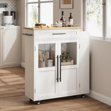Garvee Carro Isla de Cocina 91 cm con Encimera de Madera Maciza, Ruedas Bloqueables, Cajón Suave, Estantes 3 Niveles, Blanco, Estilo Campestre, Móvil