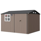 Garvee Caseta Metálica de Acero Galvanizado con Tejado Inclinado, Ventanas y Luz Solar, 240 x 300 cm, Marrón