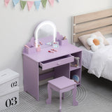 Garvee Vanidad Infantil con Espejo Iluminado, Mesa y Taburete 2 en 1, Almacenamiento Amplio, MDF Seguro, Luz LED Ajustable, para Niñas de 3-9 Años, Dormitorio o Sala de Juegos, Blanco - Morado