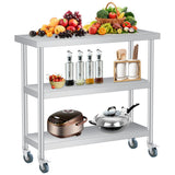 Garvee Mesa De Acero Inoxidable 14x36 In, 3 Niveles, Ruedas Bloqueables Para Cocina Y BBQ, Resistente, Fácil De Limpiar, Acero Inoxidable - Con Ruedas