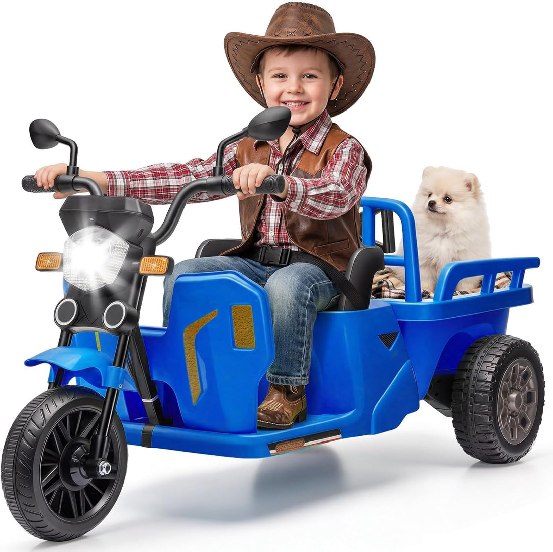 Garvee Tractor Eléctrico Infantil 3 en 1, Vehículo de Batería 12V con Pala y Remolque, Triciclo con Música y Luces LED para Jardín y Exterior, Azul