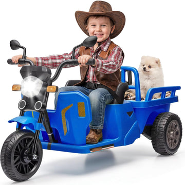 Garvee Tractor Eléctrico Infantil 3 en 1, Vehículo de Batería 12V con Pala y Remolque, Triciclo con Música y Luces LED para Jardín y Exterior, Azul
