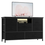 Garvee Cómoda Garvee con 8 Cajones y Mueble de TV con LED, Estación de Carga, Mueble de Dormitorio de Metal y Tela, 120 cm de Ancho, Negro - Negro