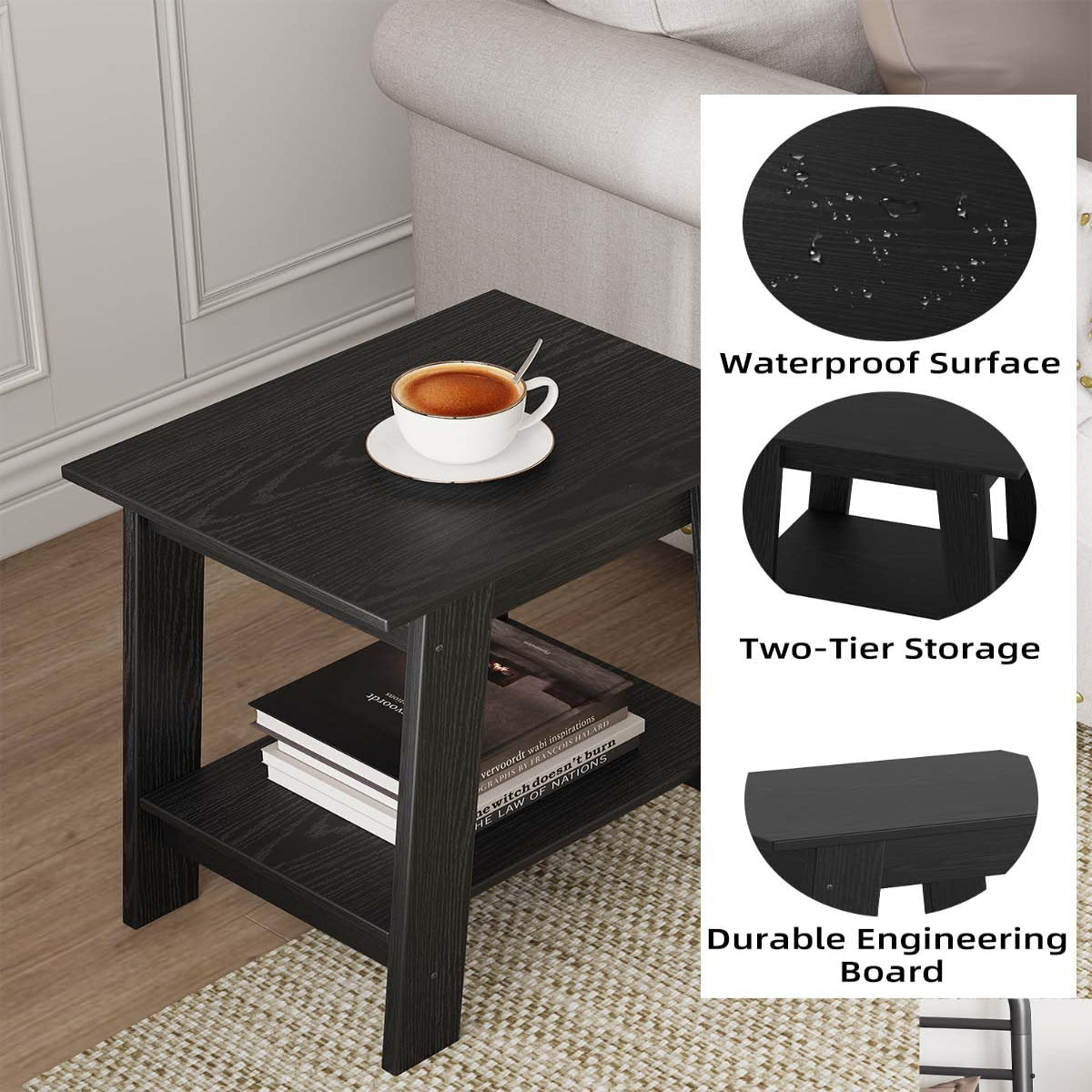 Garvee Pequeña Mesita de Noche de Madera con 2 Estantes para Dormitorio, Sala de Estar, Oficina, Baño 40x30x48CM Negro