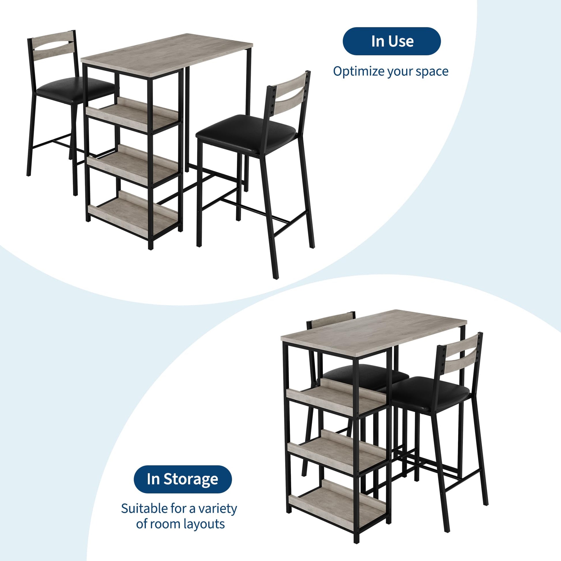 Garvee Juego De Comedor 3 Piezas Con Estantes De Almacenaje, Sillas Tapizadas, Mesa De Hierro Y Madera, Compacto, Gris, Ideal Para Apartamentos