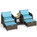 Garvee Conjunto de Muebles de Jardín de Ratán de 5 Piezas con 2 Sillones Mesa de Vidrio y Otomanas para Balcón y Terraza, Marrón y Azul Cielo - Marrón & Azul