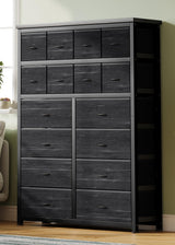 Garvee Cómoda Alta con 16 Cajones y Barra para Ropa, Tela Resistente, Versátil para Dormitorio, Hogar, Izquierda/Derecha, Almacenaje Eficiente - Grano negro