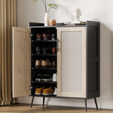 Garvee Gabinete Para Zapatos De Ratán 5 Niveles Puertas Dobles Estantes Ajustables Patas Metálicas Organizador Para Entrada Y Sala Marrón - Negro & Natural