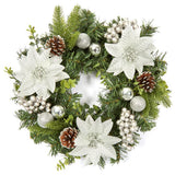 Garvee Corona de Navidad 41 cm con Bolas y Flores Plateadas, Decoración para Puerta y Chimenea, Interior y Exterior, PVC y Tela - Plateado