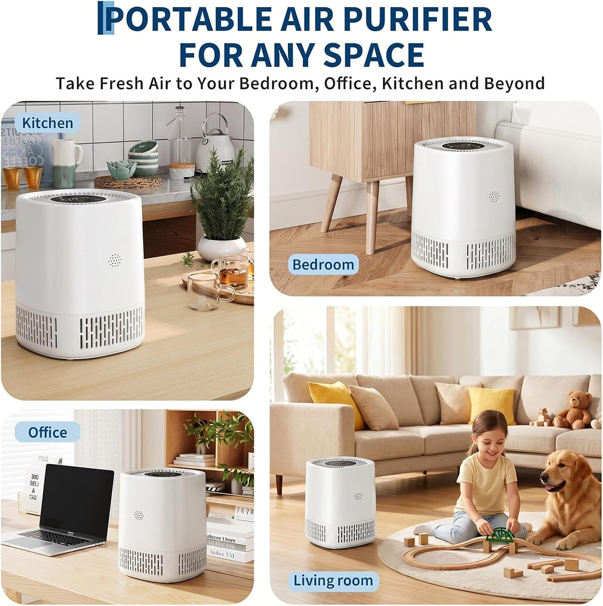 Garvee Purificador de Aire Cilíndrico 360° HEPA H13, Mini Limpiador de Aire USB para Mascotas y Alergias, Silencioso 23dB Blanco