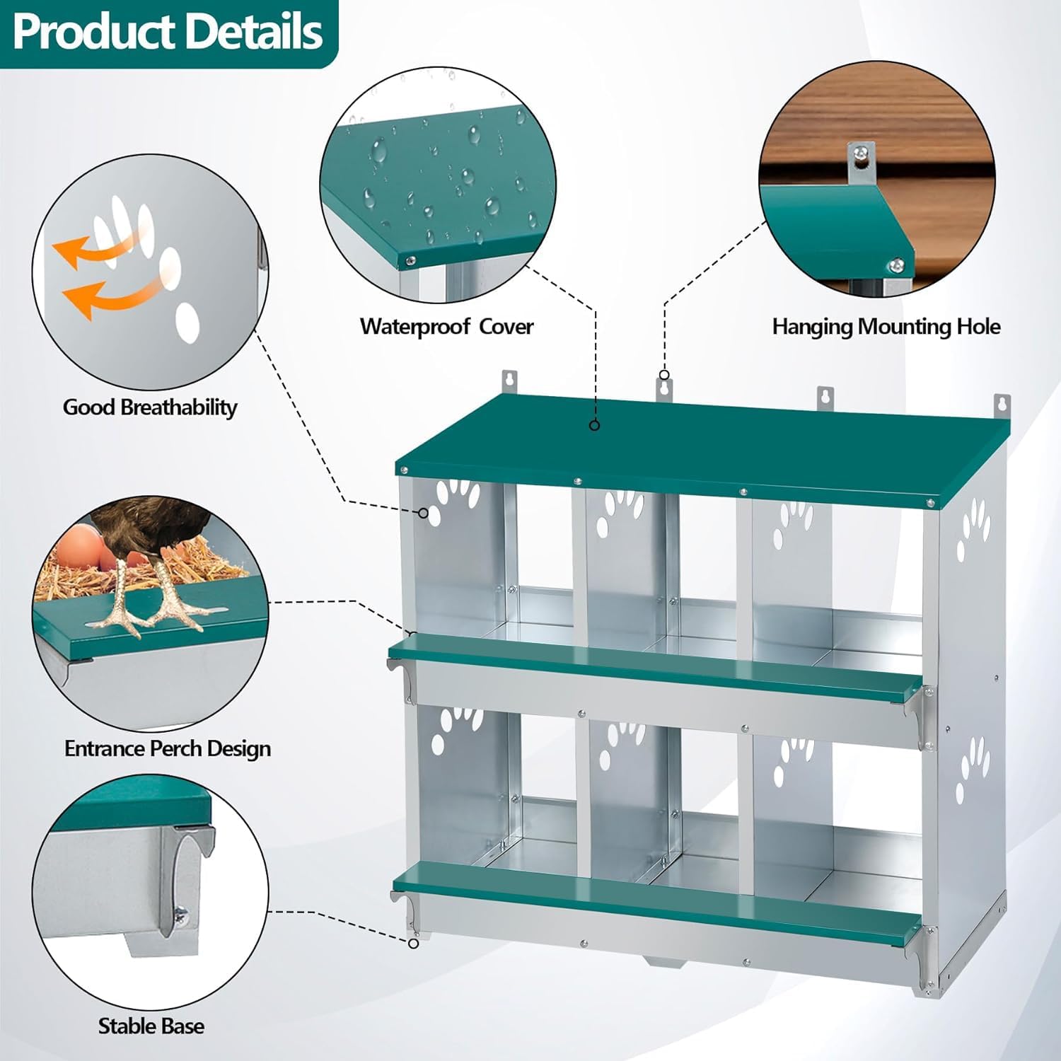 Garvee Caja de Anidación para Pollos 2 Capas 6 Compartimentos con Patas, Acero Galvanizado, Con 6 Huevos Falsos, Bandeja de Huevos Barra de Posadero, Resistente a la Oxidación, Verde Oscuro