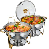 Garvee Juego de 2 Bandejas Calentadoras Redondas de Acero Inoxidable 5QT con Tapa de Vidrio para Eventos en Dorado y Plateado - Oro