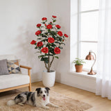 Garvee Árbol Artificial de Camelia de 91 cm, Planta Sintética Decorativa Realista para Interiores y Exteriores con Maceta, Rojo - Rojo