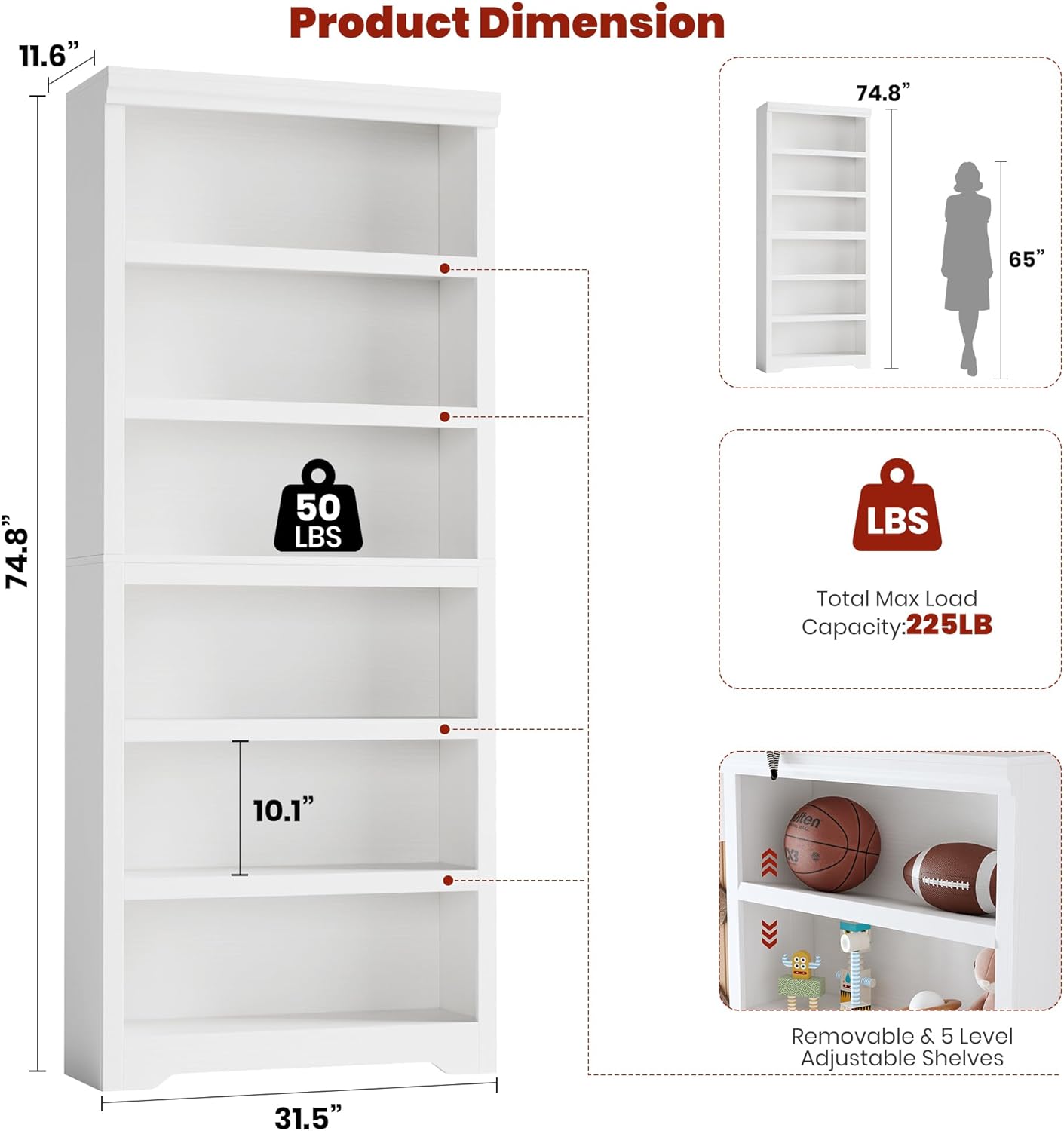 Garvee Estantería de 6 niveles ajustable 191cm de alto, 80cm de ancho, MDF resistente, diseño antideslizante, estilo granja, para sala y oficina