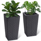 Garvee Conjunto de jardineras de 57 cm en ratán sintético, con indicador de nivel de agua y ruedas, color blanco, resistente a la intemperie, ideal para terraza y salón - Negro