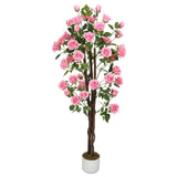 Garvee Árbol De Rosas Artificiales Rosa/Blanco, 75-150cm, Flores Realistas, Tronco De Madera, PE-Rattan, Interior Y Exterior - Rosa