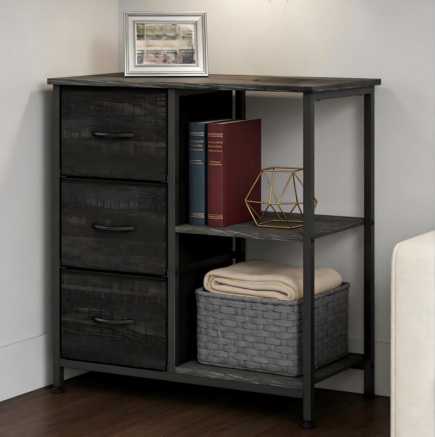 Garvee Archivador de 3 Cajones de Tela con Estantes Abiertos Soporte para Impresora Mueble Auxiliar de Oficina Negro