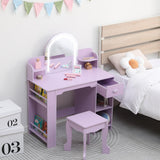 Garvee Vanidad Infantil con Espejo Iluminado y Taburete 2 en 1 para Niñas de 3-9 Años, Almacenamiento Amplio, MDF Seguro, Luz LED Ajustable, Dormitorio, Blanco - Morado