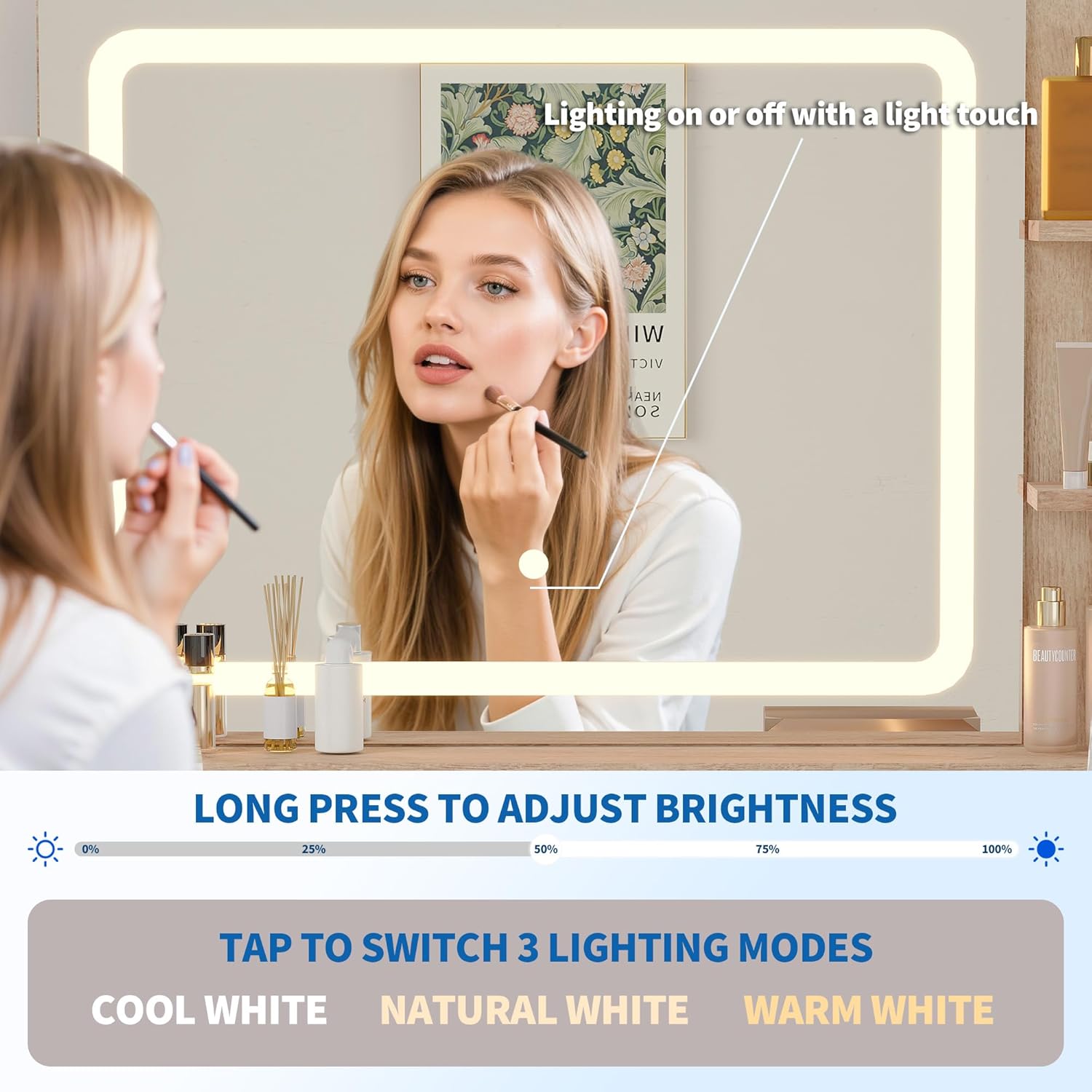Garvee Tocador de Maquillaje 79cm con Espejo LED, 2 Cajones y Armario, Incluye Estación de Carga con Enchufe Europeo, Madera Natural