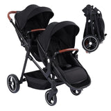 Garvee Carro Gemelo Doble Pista para Bebé y Niño Pequeño, Cochecito Plegable con Mameluco, Respaldo Reversible y Ajustable en Múltiples Posiciones, Canasta de Almacenamiento Grande y toldo, Negro