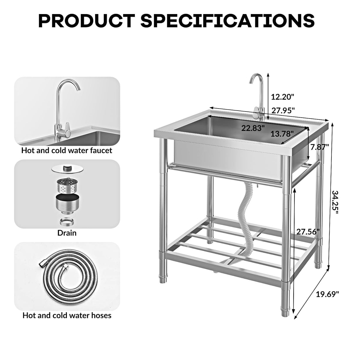 Garvee Fregadero Industrial Independiente de 1 Seno 71x51x86 cm Acero Inoxidable 201 con Grifo Giratorio 360° Balda Inferior y Salpicadero Plata