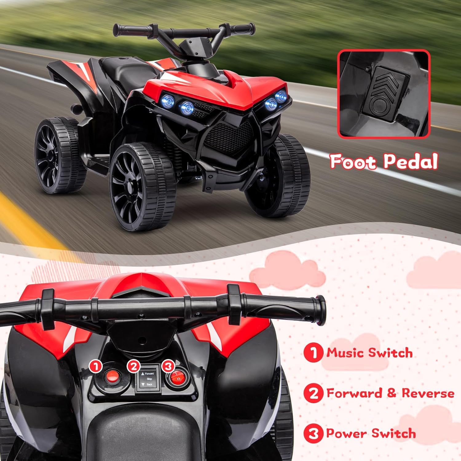 Niño conduciendo de forma estable con el pedal ergonómico del quad Garvee