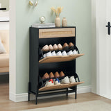 Garvee Armario zapatero PB 2 puertas 1 cajón abatibles ratán natural estante ajustable patas metálicas interior entrada pasillo hierro negro+negro+roble - Negro & Roble