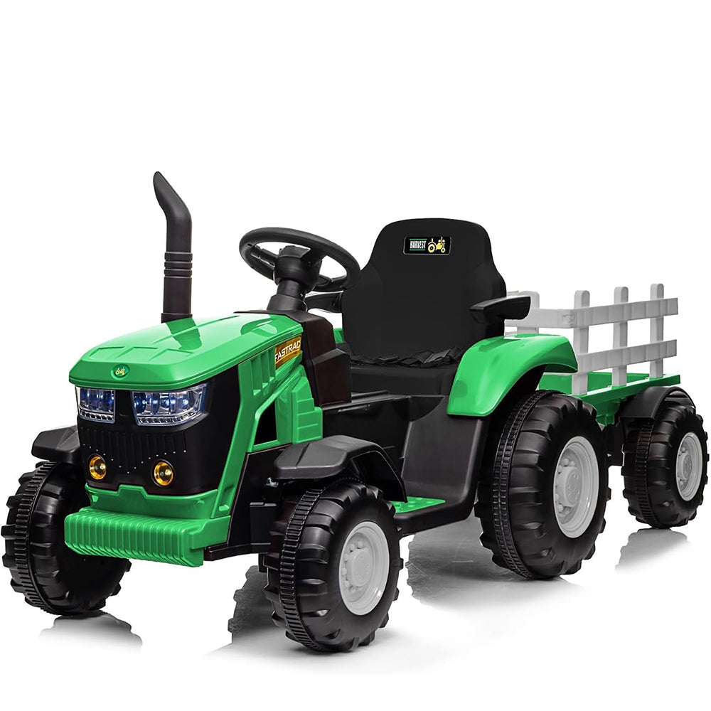 Garvee Tractor Eléctrico 12V, Doble Motor 35W, Remolque Desmontable, 6 Ruedas Goma, Control Remoto, 3 Velocidades, Luces LED, 3-6 años, Jardín, Verde