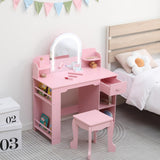 Garvee Vanidad Infantil con Espejo Iluminado y Taburete para Niñas de 3-9 Años, MDF Seguro, Luz LED Ajustable, Almacenamiento Amplio, Blanco - Rosa