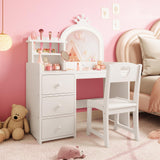 Garvee Escritorio Tocador Infantil Princesa con Espejo y Luces LED, Madera MDF, 2 en 1 con Almacenaje y Silla para Habitaciones de Niñas, Rosa - Blanco