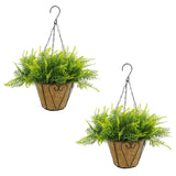 Garvee Set 2 Helechos Artificiales Colgantes 25cm UV-Resistente Exterior Jardín Porche Balcón Verde Cesta de Coco