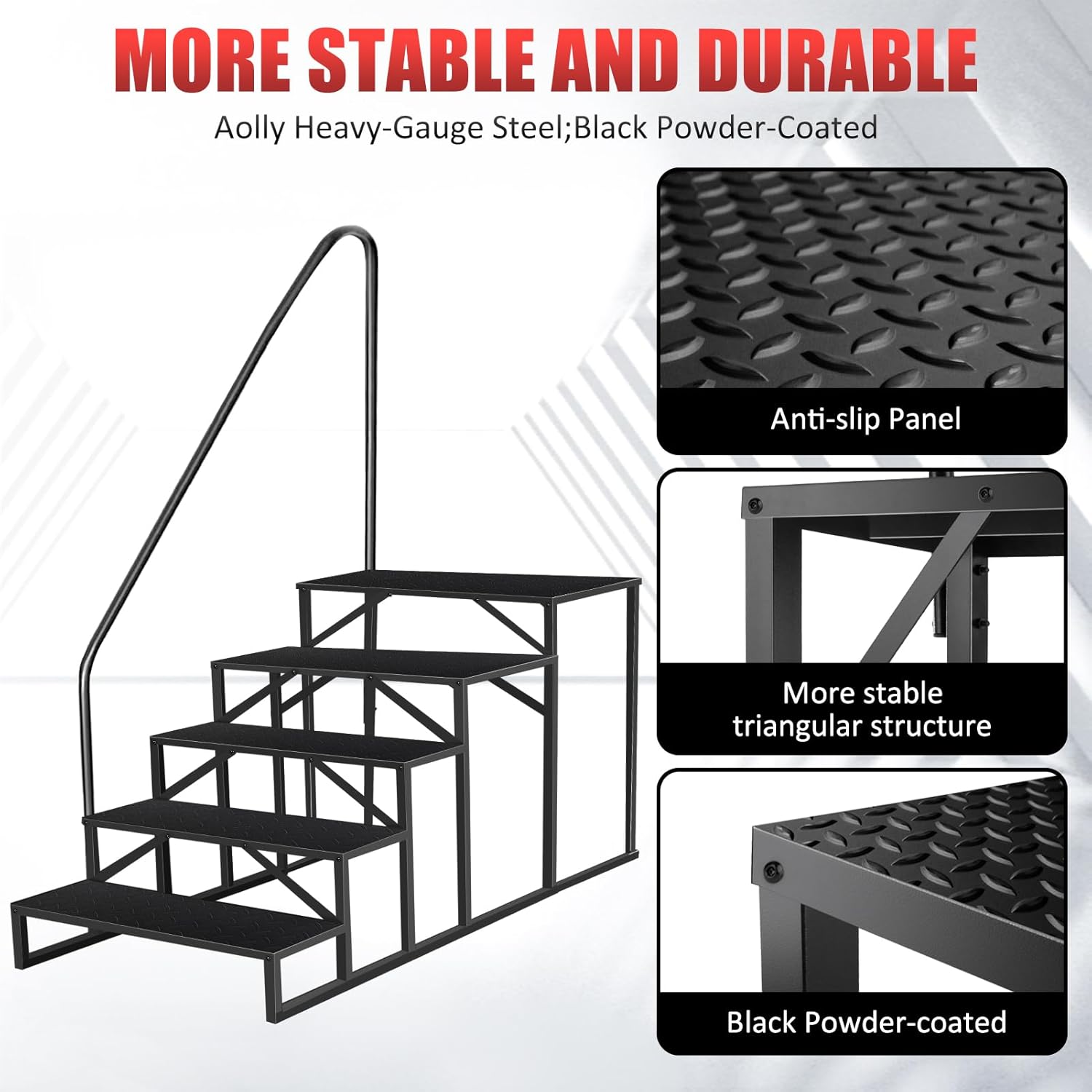 Garvee Escalera Portátil de 5 Peldaños para Autocaravanas y Spas con Pasamanos de Seguridad, Carga 300 kg, Acero Antideslizante