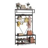 Garvee Banco con perchero y zapatero 5 en 1, metal y madera rústica, negro retro, para entrada, 100x37x184cm - Negro retro