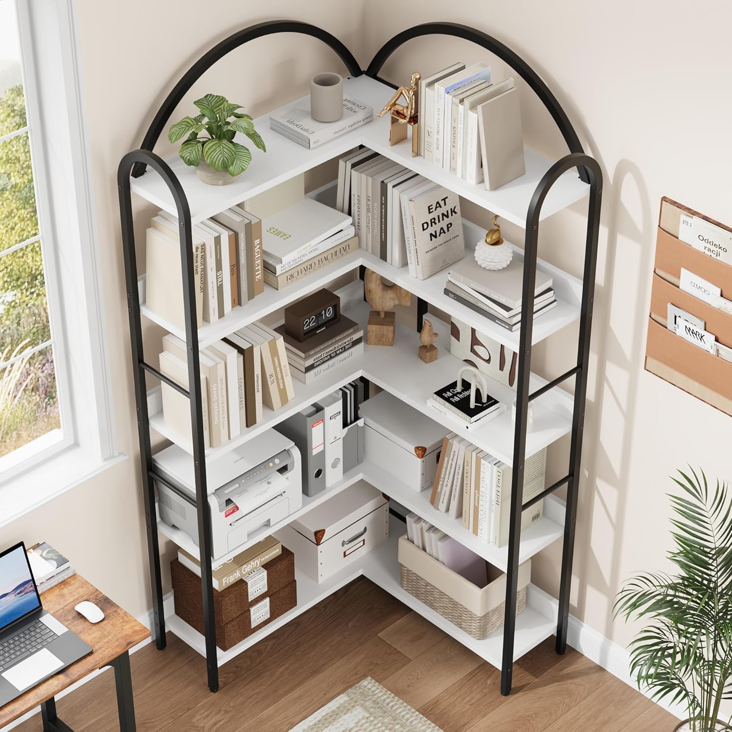 Garvee EstanteraDa de esquina Garvee en forma de L, estanteraDa de escalera de 5 niveles, altura de 174 cm, moderna, blanca para almacenamiento en casa y oficina