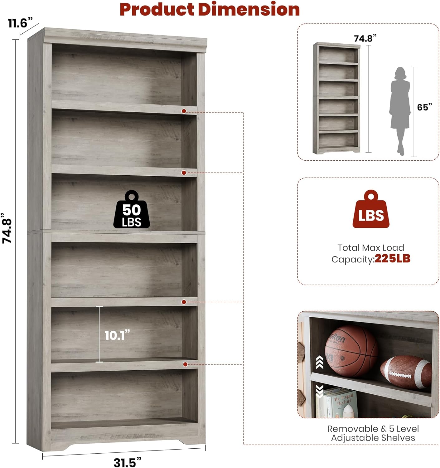 Garvee Estantería de 6 niveles alta ajustable, MDF resistente, gris, para hogar y oficina, 191cm