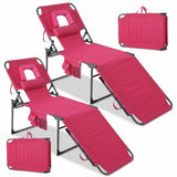 Garvee Sillas Tumbonas Plegables con Agujero Facial, 5 Posiciones Ajustables, Tela Resistente al Agua, Almohada y Bolsillo Lateral para Playa y Patio, Porttiles - Rosa